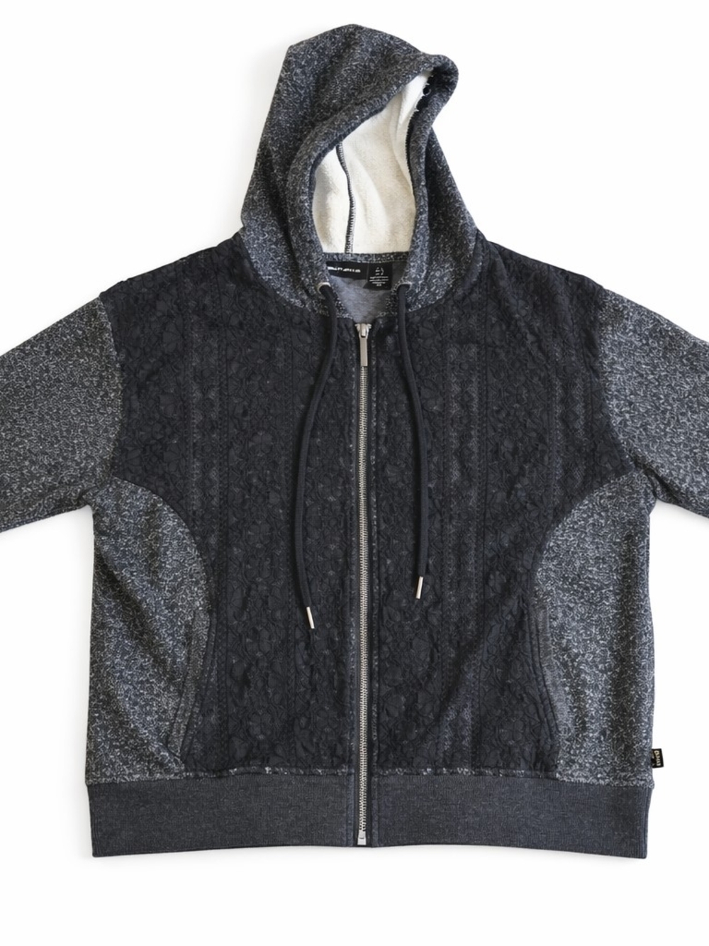 DKNY Jeans Women’s Medium Zip-Up Hoodie Black Gray Lace Front Sweater